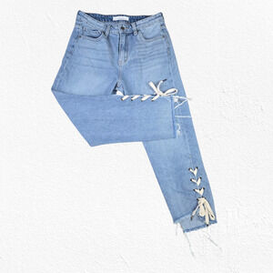 Hidden Light Wash Lace Up High Rise Ankle Step Hem Straight Leg Jeans Size 28